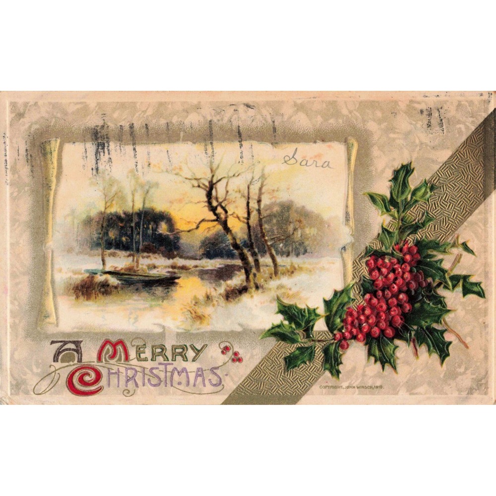 Vintage 1910 John Winsch Merry Christmas Postcard Embossed Holly Snowy Landscape - Picture 1 of 2